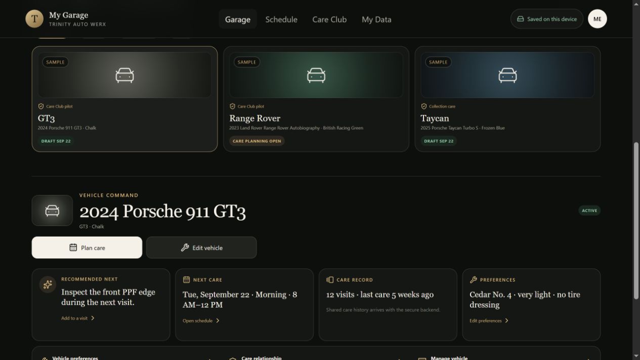 Actual My Garage preview showing three sample vehicles, collection controls, preferences, and a local care draft.