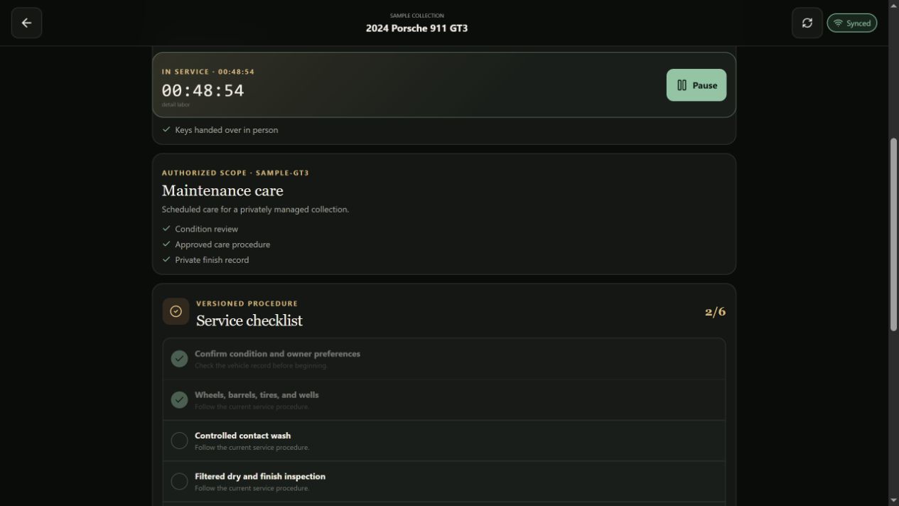 Actual Trinity Ops service screen showing a synthetic job's labor timer, authorized scope, and required service checklist.
