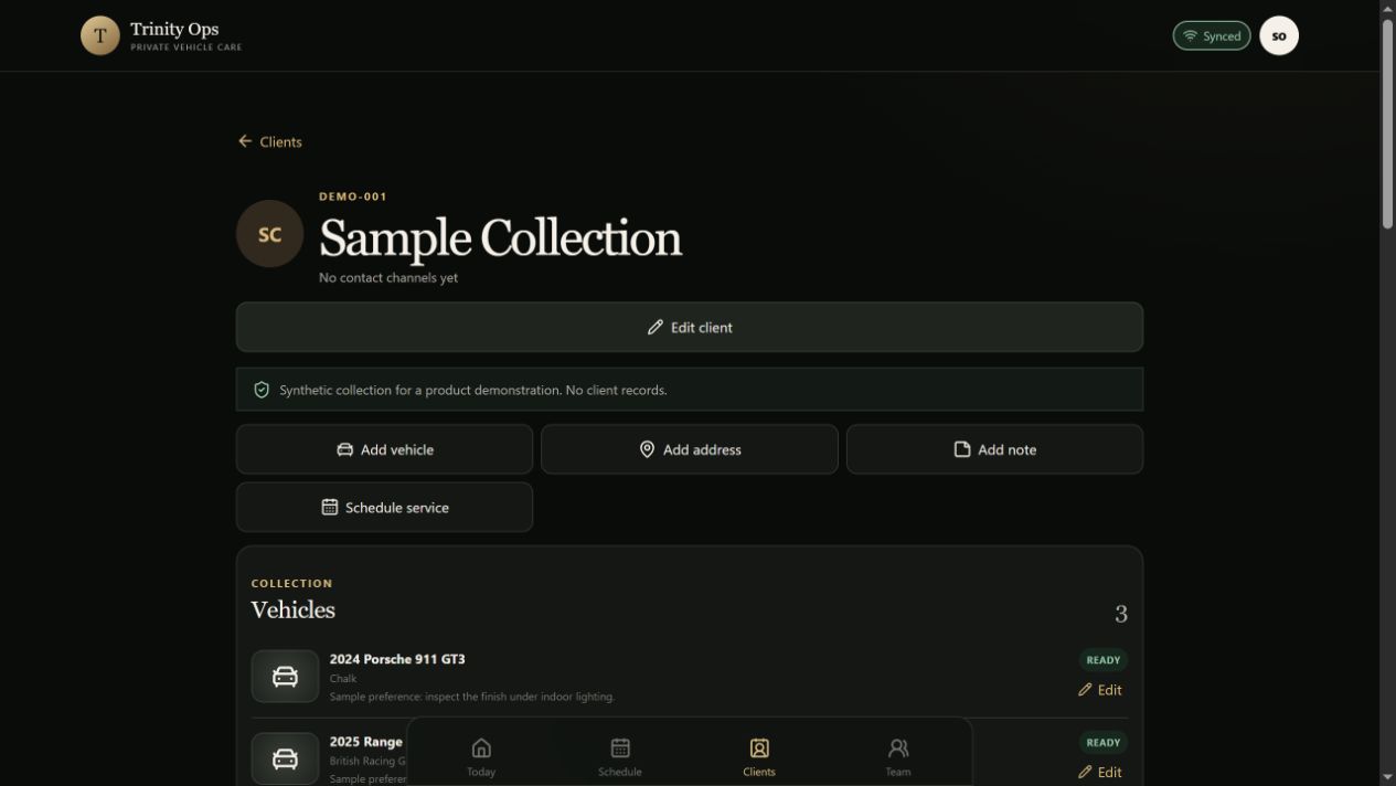 Actual Trinity Ops CRM screen showing a clearly marked synthetic client collection with its vehicles and service controls.