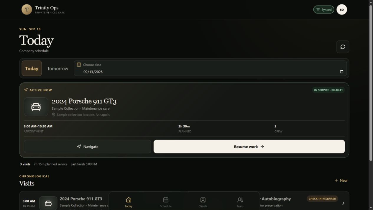 Actual Trinity Ops Today screen showing a synthetic collection, an active Porsche service, and scheduled visits.